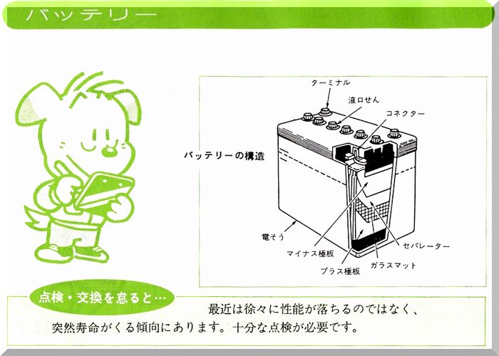 バッテリーの図解、点検を怠った場合に懸念される点